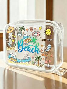 海灘夏季主題印花 PVC 防水海灘包，裝飾貝殼與海星，PVC 化妝包，PVC 拉鍊旅行收納袋，輕量耐褪色化妝盥洗包，TSA 認證便攜化妝收納盒，易清潔設計，適合女性與男性，適合母親、老師、朋友、護理師等，化妝包，學校假期旅行必備盥洗包，母親節禮物，夏季必備 - 彩色 - 查看 3