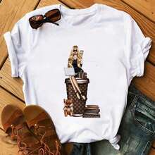 Camiseta estampada a la moda, linda camiseta negra, camiseta gráfica interesante para mujer con diseño de chica africana de cabello rizado negro. - Blanco - Ver 11