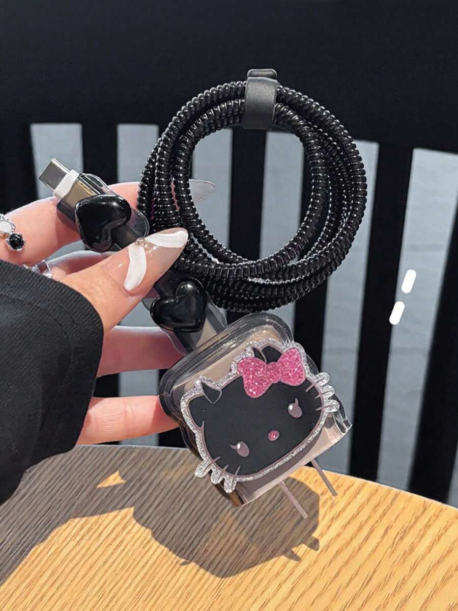 SANRIO Juego de almacenamiento y protección de cable de datos Hello Kitty con purpurina para Apple, compatible con cables de datos de carga rápida de 20W para teléfonos Apple - Multicolor - Ver 1