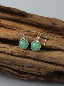 1 Pair Fashion Natural Stone Teardrop Earrings, Handmade Earrings Suitable For Women, Can Be Used For Weddings, Engagements, Anniversaries, Parties, Valentine's Day And Other Occasions, Rose Quartz Green Aventurine Round Bead Earrings Also Can Be Given As Gifts - White - View 3