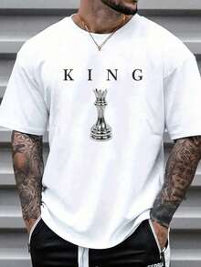 1 PCS Elegant Casual 100% Cotton Men Crew Neck T-Shirt, Silver King Chess Piece Letter Front Graphic Loose Tee, Summer Street Travel Daily Top - White - View 1