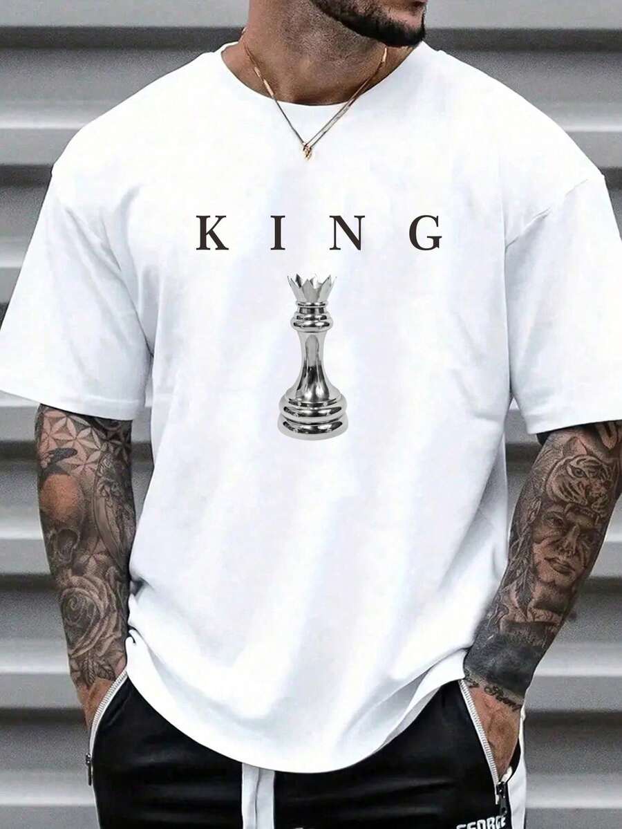 1 PCS Elegant Casual 100% Cotton Men Crew Neck T-Shirt, Silver King Chess Piece Letter Front Graphic Loose Tee, Summer Street Travel Daily Top - White - View 1