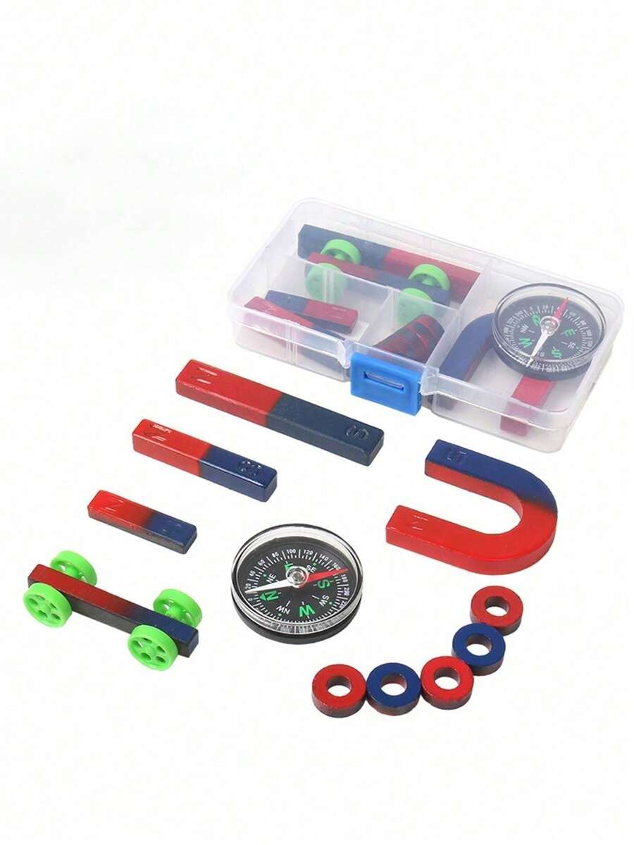 Gift Set Magnetic Toys Including [Outdoor Compass, U-Shaped, Long Strip, Magnetic Car And Multiple Magnetic Rings] U-Shaped Strip-Shaped Round Magnetic Blocks Toy, Magnetic Physics Science Experiment Supplies, Teaching Magnetic Experiment Set