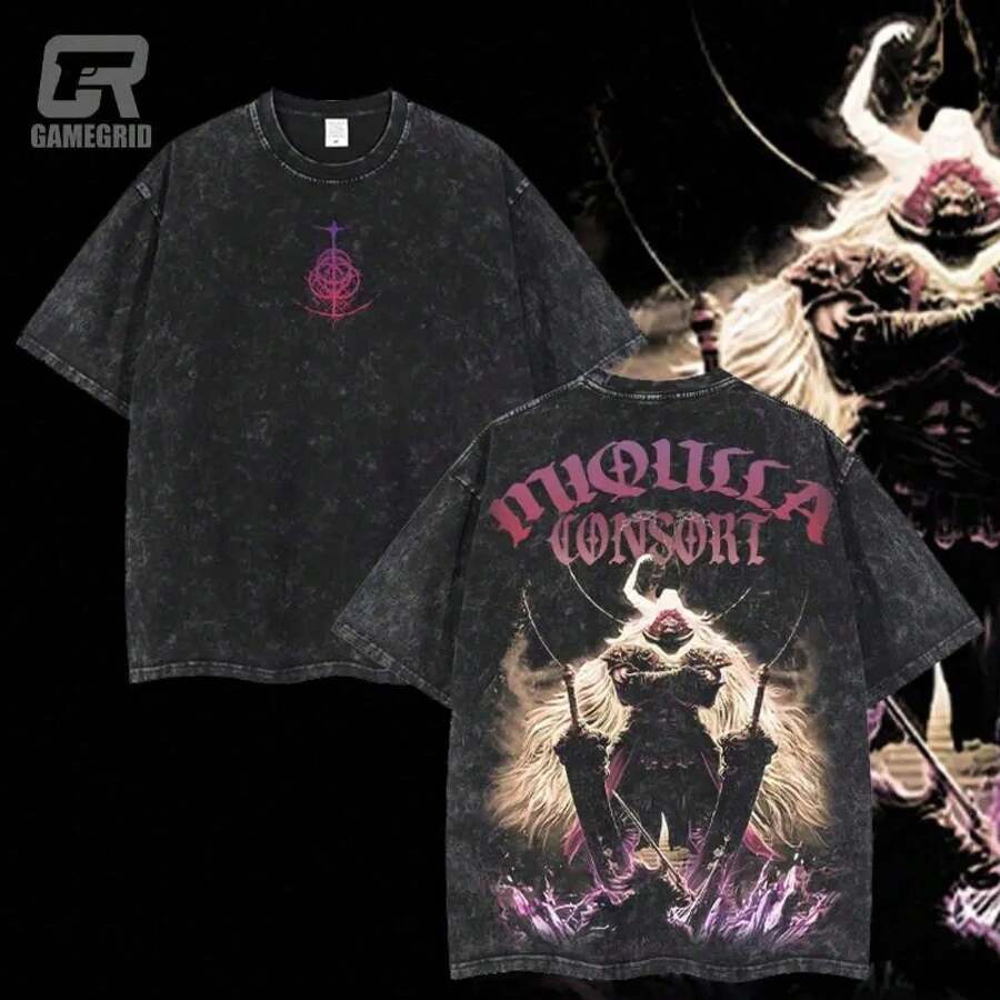 Elden Ring, Camiseta Ligera con Efecto Lavado Ácido, Regalo para Fanáticos del Juego, Ropa para Hombre, Camisetas con Estampados Gráficos, Camiseta 100% Algodón Puro con Estampado de Anime. - Negro - Ver 1