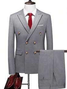 Men's Fashion New Business Solid Color Slim Fit Elastic Suit 2 Pieces Set, Includes Double-Breasted Blazer And Pants, Work Formal Evening Wear Outfit - Light Grey - View 2