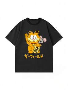 SHEIN | Garfield 女款黑色T恤，幸運招財貓與老鼠日文字母印花，寬鬆短袖，適合日常街頭女孩休閒穿搭 - 黑色 - 查看 4