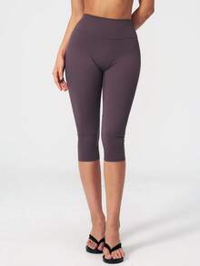 NcmRyu Women's 1pc Solid Color High Waist Tummy Control Butt Lifting Slim Fit Sports Mid-Length Shorts - Purple - View 5