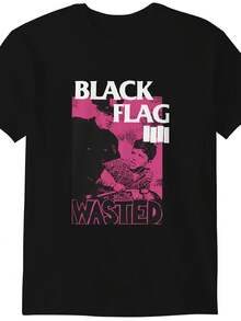 Camiseta negra de corte regular con estampado gráfico de la banda Black Flag Wasted, estilo punk rock, ropa casual de estilo streetwear para hombres y mujeres, ideal para conciertos y atuend - Negro - Ver 1