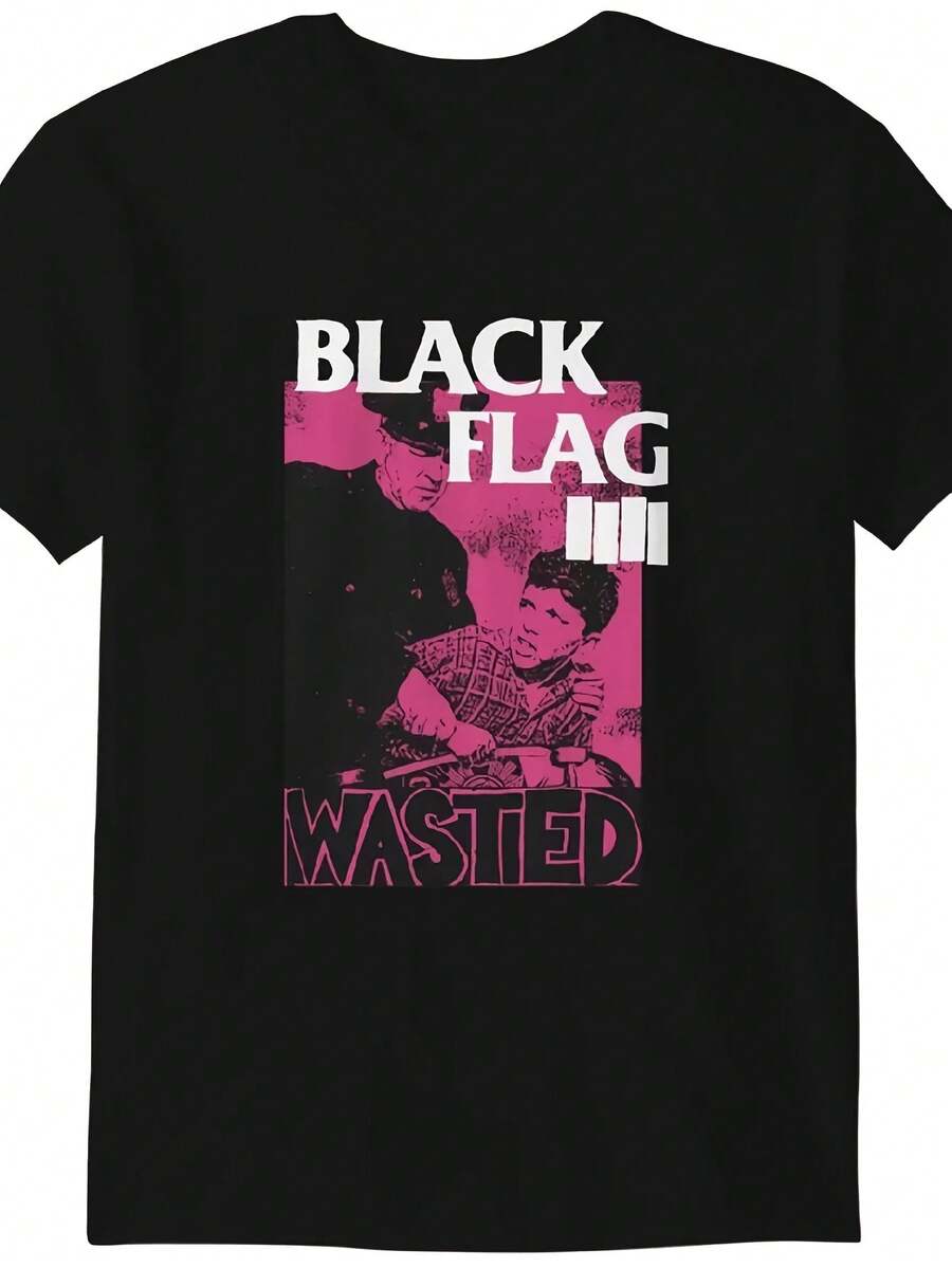Camiseta negra de corte regular con estampado gráfico de la banda Black Flag Wasted, estilo punk rock, ropa casual de estilo streetwear para hombres y mujeres, ideal para conciertos y atuend - Negro - Ver 1