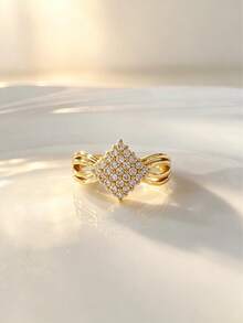 1pc S925 Sterling Silver Inlaid Synthetic Zirconia Geometric Square Women's Ring, Elegant Elegant Ladies Daily Wear Bohemian Quality Jewelry - Yellow Gold - View 7