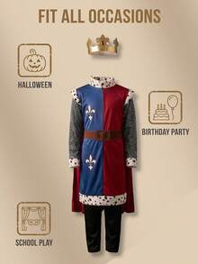 4 piezas Disfraz de Rey Medieval para Niños: Túnica + Corona + Capa + Pantalones, Adecuado para Actuaciones Escolares y Temas Históricos - Multicolor - Ver 7