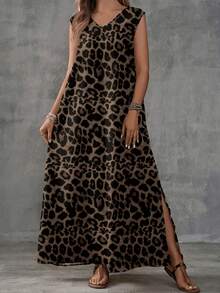 Vestido Maxi Sin Mangas Cuello V con Estampado  , Tela Lino Algodón Holgado con Abertura Lateral Mujer Estilo Boho - Flor negra - Ver 6