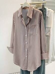 Plus Size ​Women's Classic Striped Long Sleeve Shirt – Collared Button Front Top With Pocket For Office, Casual, Spring Summer Fall Winter - Coffee Brown - View 5