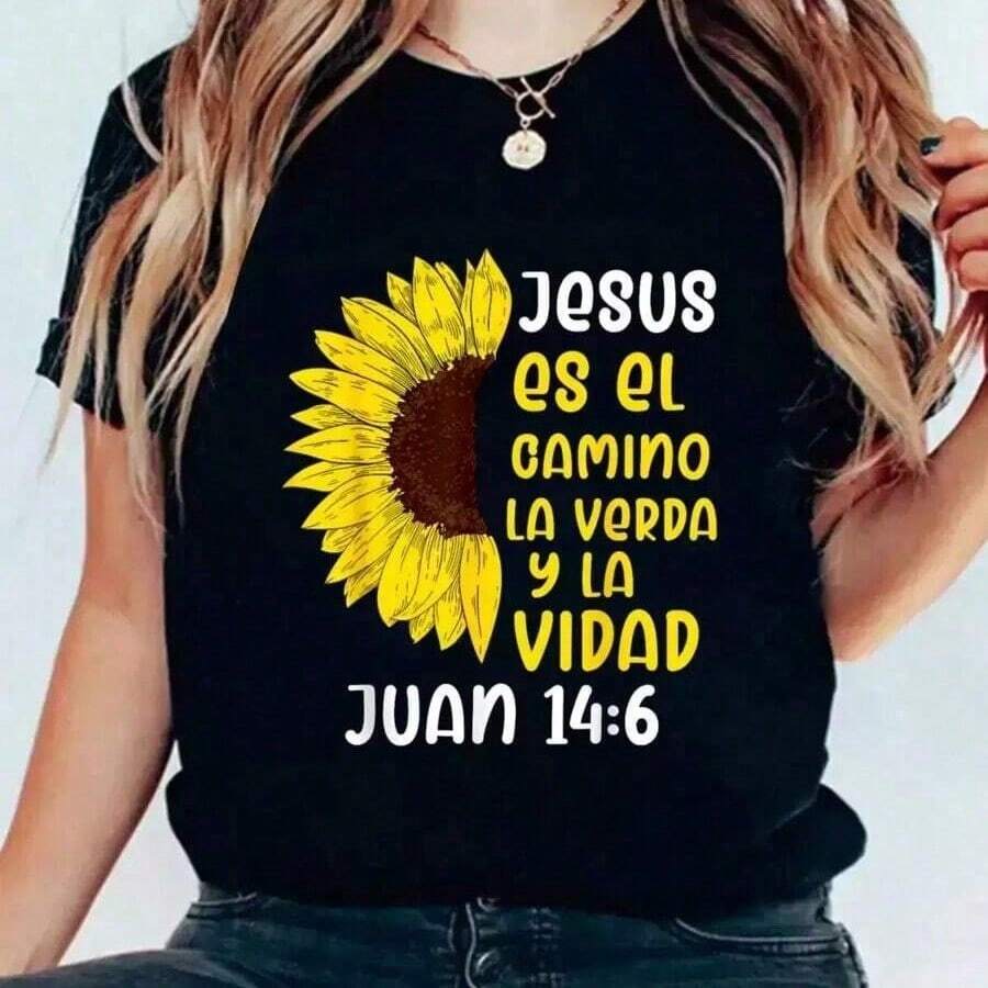 Women's Short-Sleeved T-Shirt, Women's Summer T-Shirt, Christian T-Shirt In Spanish, Cotton T-Shirt For Christian Women, Women's Cotton Graphic T-Shirt, Round Neck - 黑色 - 查看 1