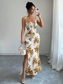 Women's Floral Mermaid Maxi Dress With Thin Straps And Bow, Square Neck, Ruched, Bodycon, For Wedding Guests, Beach Vacations And Date Nights. - 金色 - 查看 6