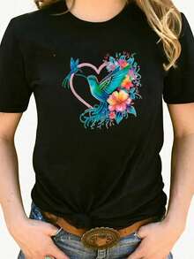 Butterfly Hummingbird Flower Floral Style Glitter Sparkles Bright Everyday Wear Day Night Valentine's Day Soft Material Loose Fit Round Neck Short Sleeve - 黑色 - 查看 1