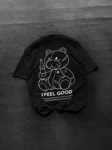 Torn Teddy Bear With The Phrase "I Feel Good", Grunge Style, Bold Aesthetic, Casual Short Sleeve Crew Neck T-Shirt, Soft Touch, Ideal For Streetwear And Night Out. - 黑色 - 查看 1