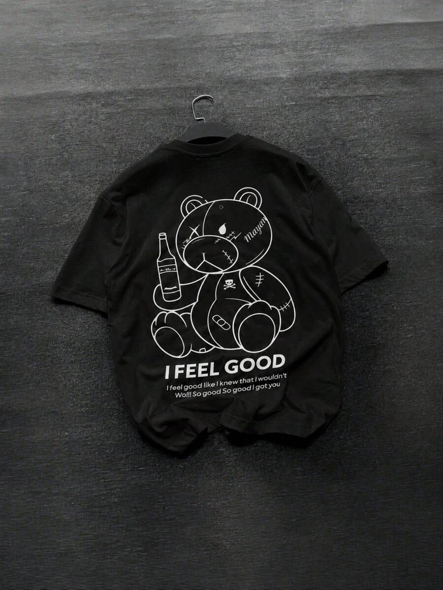 Torn Teddy Bear With The Phrase "I Feel Good", Grunge Style, Bold Aesthetic, Casual Short Sleeve Crew Neck T-Shirt, Soft Touch, Ideal For Streetwear And Night Out. - 黑色 - 查看 1