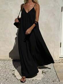 Spring/Summer Black V-Neck Backless Dress, Bohemian Style, Suitable For Beach, Wedding, Daily Wear - Black - View 3