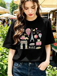 T-Shirt With Paris-Eiffelturm-Grafik, Premium-Material, Grafikdesign, L?Ssig, Atmungsaktiv, Neuheit - Black - View 1