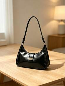 Minimalist Black Curved Crescent-Shaped Messenger Bag With Adjustable Shoulder Strap, Vintage Shoulder Bag - A - View 7