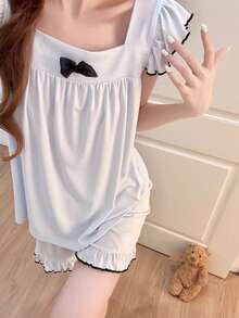 2pcs/Set Women's Pajamas Loungewear Set, Romantic Solid Color Pullover Frill Trim Sleeveless Top And Simple Solid Color Shorts, Easy Care Fabric - Baby Blue - View 7