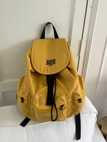 Summer Large Capacity Fashion Plaid Multi-Pocket Nylon Casual Backpack, Waterproof Lightweight Foldable Drawstring Patch Letter Travel Bag - Yellow - View 4