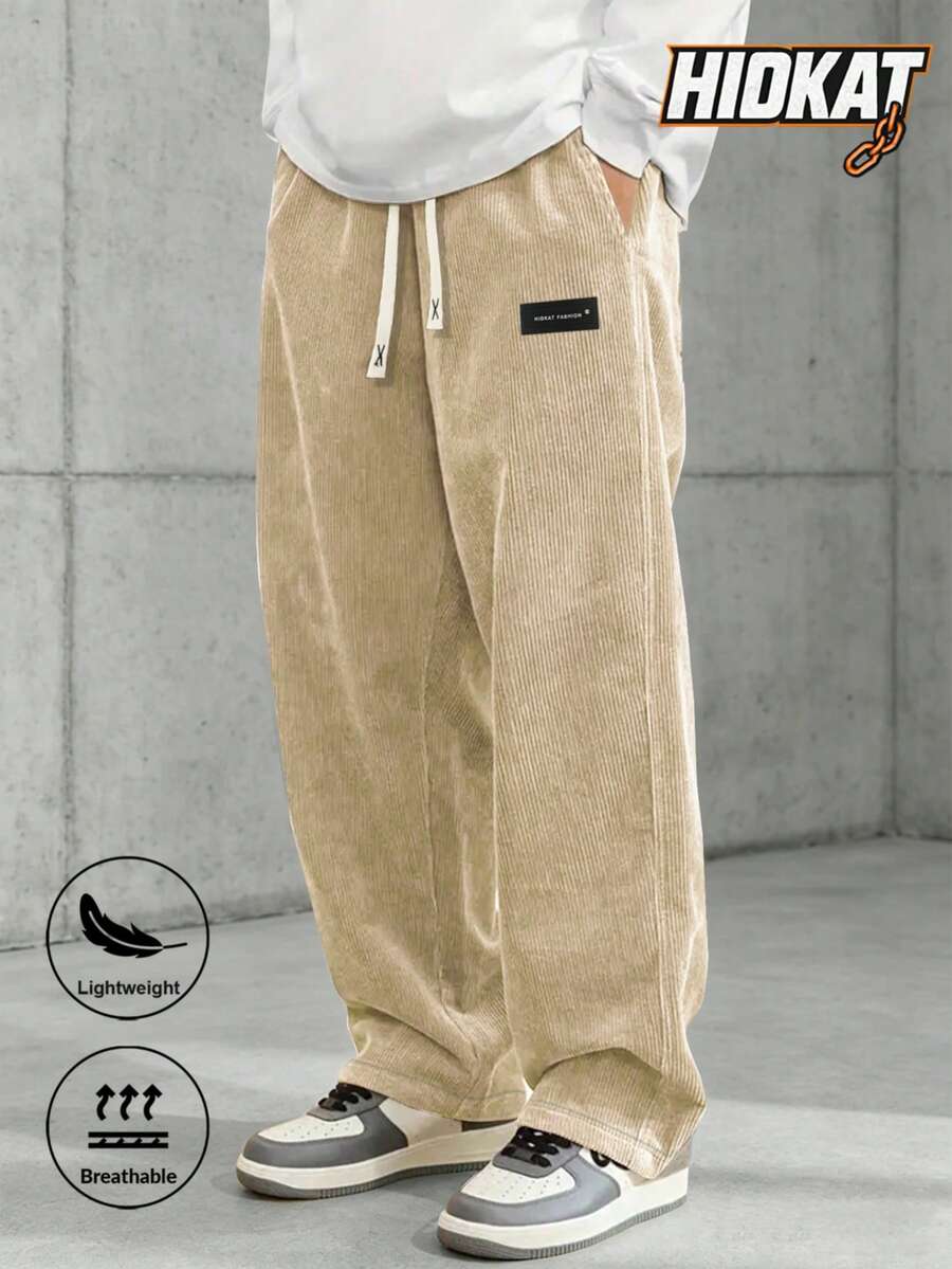 Men's Drawstring Waist Corduroy Straight Leg Casual Pants, Fashion Retro Style Sweatpants For Spring/Autumn Sports - 卡其色 - 查看 1