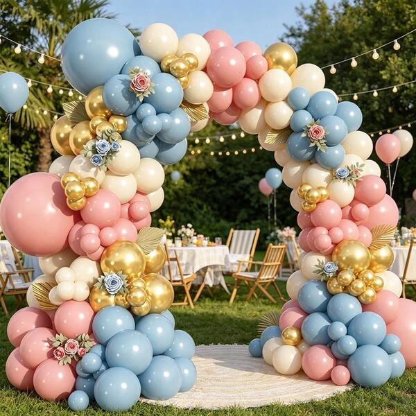 Boho Gender Reveal Ballonbogen Set 100 Stücke, gemischte graue, rosa, blaue, weiße und goldene Metallic-Ballons, stilvolles Dekor für Teddy-Themen-Veranstaltungen und Junggesellinnenabschied-Layout