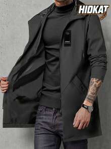 Men's Mid-Length Lightweight Windbreaker Jacket, Hooded With Drawstring, Solid Color, Suitable For Casual Outings, Daily Wear, Workouts, Hiking, Boyfriend Trips, Camping, Fall Clothes Black Spring Sports - Black - View 1