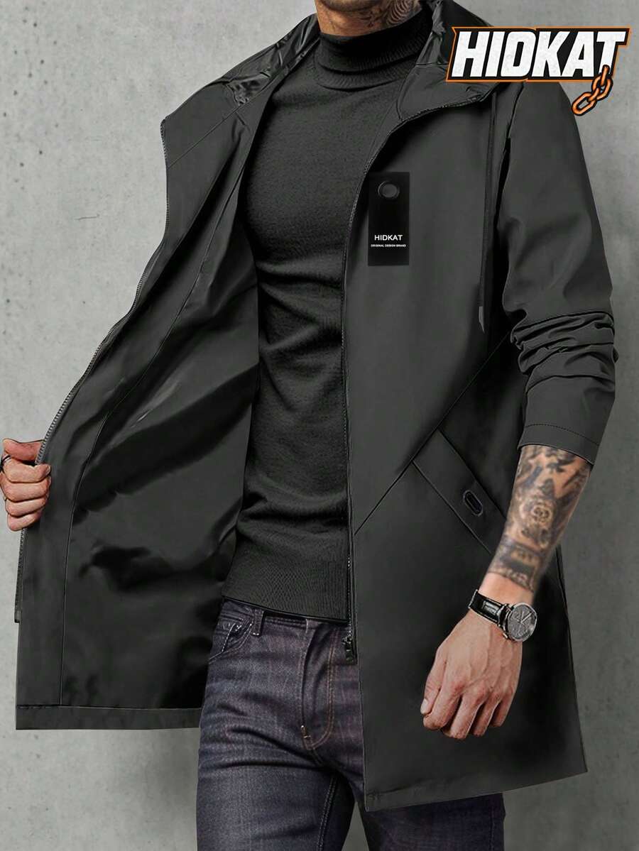 Men's Mid-Length Lightweight Windbreaker Jacket, Hooded With Drawstring, Solid Color, Suitable For Casual Outings, Daily Wear, Workouts, Hiking, Boyfriend Trips, Camping, Fall Clothes Black Spring Sports - Black - View 1
