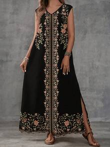 Vestido Maxi Sin Mangas Cuello V con Estampado  , Tela Lino Algodón Holgado con Abertura Lateral Mujer Estilo Boho - Flor negra - Ver 2