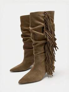 Botas altas con tacón de gatito fruncidas 2025, punta puntiaguda, por encima de la rodilla, botas de montar vintage de caña ancha, botas vaqueras - Marrón - Ver 8