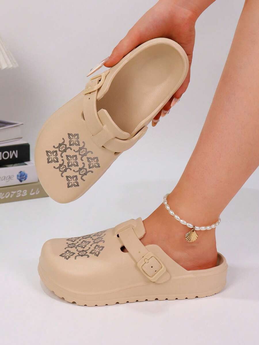 Women's Plus Size Fashion Vintage Floral Pattern Casual Clogs, Lightweight Sporty Slip-On Thick Sole Mule Sandals, Suitable For Outdoor Camping Beach - Khaki - View 1