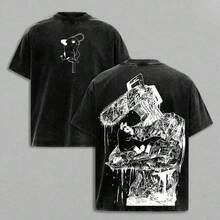 Camiseta  Denji – Camiseta Oversized de Algodón Grueso con Lavado Vintage, Estampado Doble de Anime Manga, Ropa Urbana Retro Unisex para Fans de Devil Hunter, Edición Inspirada e - Negro - Ver 1