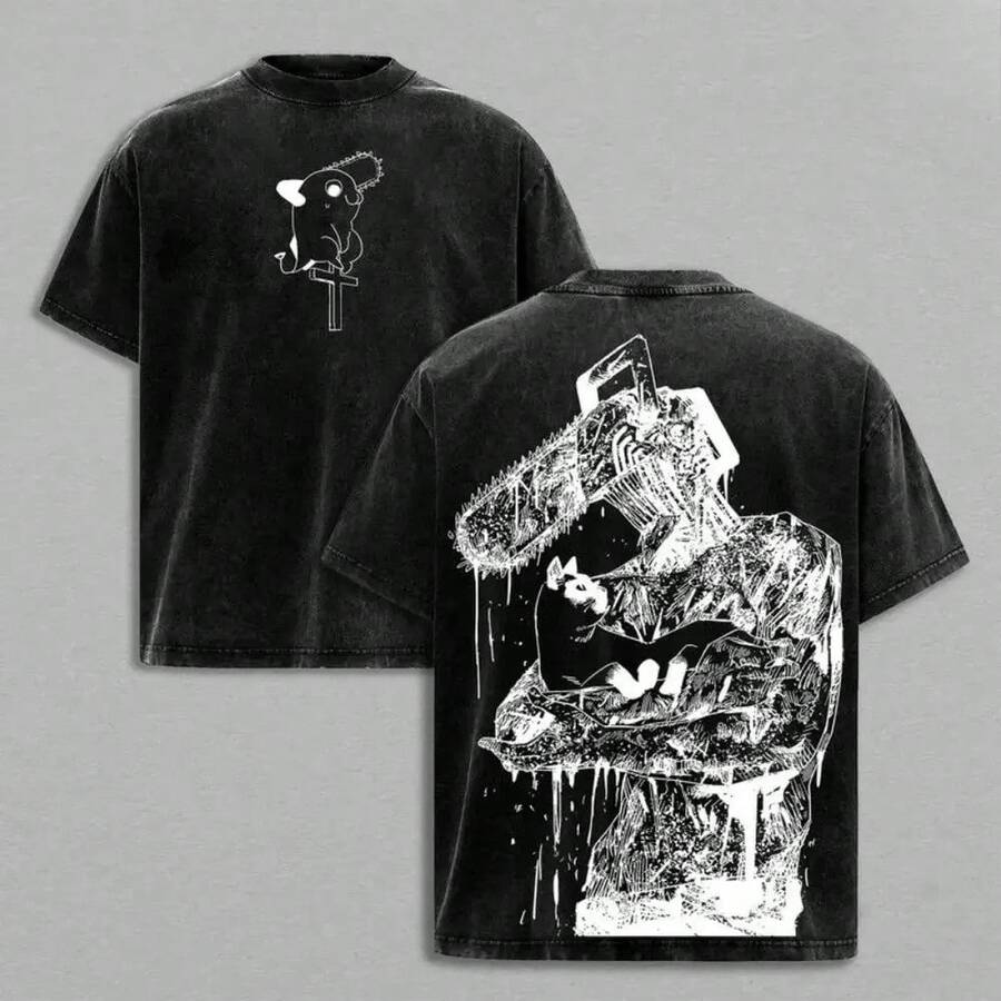 Camiseta Denji – Camiseta Oversized de Algodón Grueso con Lavado Vintage, Estampado Doble de Anime Manga, Ropa Urbana Retro Unisex para Fans de Devil Hunter, Edición Inspirada e - Negro - Ver 1