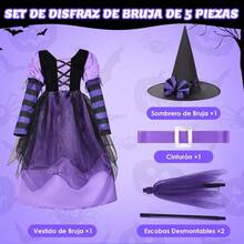 HomeChi Disfraz Bruja para Niña Halloween, Vestido de Bruja con Sombreros y Palos de Escoba, Outfit Lindo Trajes Cosplay para Fiestas Infantiles Cumpleaño Espectáculo Carnaval Halloween - Morado - Ver 2