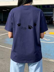 Colección de Primavera y Verano con una Camiseta de Manga Corta y Cuello Redondo Decorada con un Adorable Diseño de Huella de Pata en la Espalda, Perfecta para un Uso Casual y Versátil. - Blanco - Ver 8