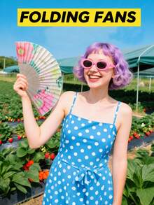 1pc Polyester Flamingo & Sunflower Pattern Casual Party Handheld Fan, Suitable For Friends Gifts, Unisex,Camping,Travel Essential - Multicolor - View 7