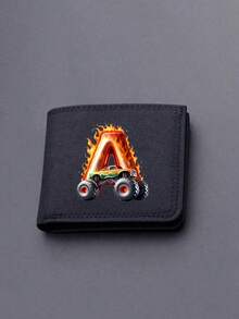 1pc Back To School Mini Cute Cartoon Personalized Fun 26 Excavator Construction Vehicle Flame Letter Print Bifold Wallet, Multiple Card Slots Inside, Can Hold Bank Cards, ID Cards, Cash, Meets Daily Travel Storage Needs. Suitable As Fan Gift, Birthday Small Gift. - Black - View 28