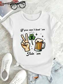 St. Patrick's Bier Grafik-T-Shirt Für Damen, Herbst, Rundhalsausschnitt, Bequeme Passform, L?Ssiger Stil, Einzigartiger Grafikdruck - White - View 2