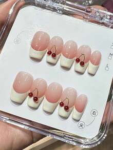 10 piezas de uñas postizas hechas a mano con forma de ataúd, estilo dulce y fresco para chicas, base rosa, punta francesa blanca crema y adornos de cereza 3D para mujeres y niñas, uso en primavera, verano, otoño, invierno, festivales, fiestas y vida diaria - Rosa - Ver 2