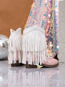 NILOSH Girls' Sequin Tassel Denim Boots, Western Mid-Calf Boots, Suitable For Party, Dance And Performance - White - View 3
