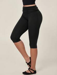 TimeOff Women's 1pc Solid Color Folded Waist Slim Fit Sports Mid-Length Pants - Black - View 5