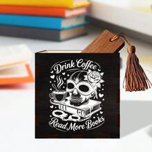 1pc Halloween Skeleton Reading Carved Wooden Bookmark Storage Box "Dead Inside But Books Help" Vintage Dark Wood Bookmark Organizer Desktop Stationery Holder Bookworm Halloween Holiday Fun Gift - Multicolor - View 11