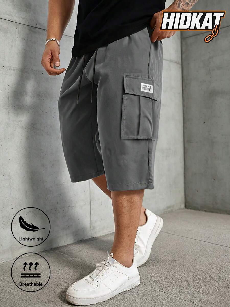 Men's Casual Cargo Capris, Drawstring Waist, Flap Pockets With Patch Label, Suitable For Spring And Autumn Outdoor Wear
