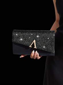 Shiny Luxury Women's Sequin Clutch, V-Shaped Metal Flap Bag, Letter Fashion Party Bag, Women's Ball Handbag, Women's Wedding Evening Bag, Shiny Luxury Diamond Jewelry Set, Sparkling Necklace, Earrings And Bracelet Set, Suitable For Matching Shiny Evening Gowns, Wedding Dresses And Party Outfits - Black - View 4