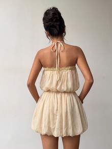 Women's Casual Fashion Halter Neck Lace Trim Puff Sleeve Mini Dress, Summer Criss-Cross Tie Back Puff Hem Dress, Suitable For Vacation, Holiday, Outing - Light Yellow - View 8