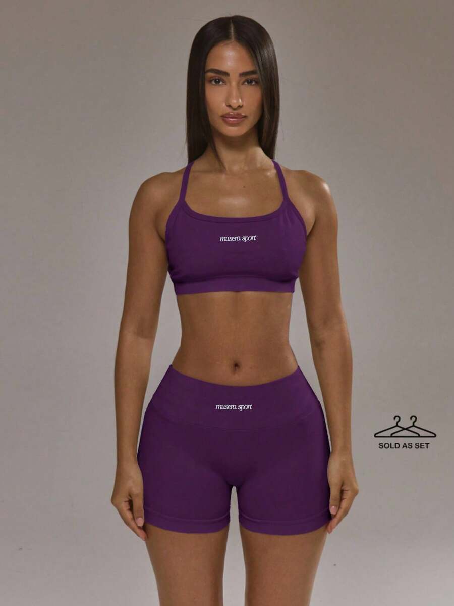 Sports Set: Sports Bra With A Racerback And Leggings With A Ruched Back. Autumn And Winter Activewear Set For Padel, Gym, Training. - Violet Purple - View 1