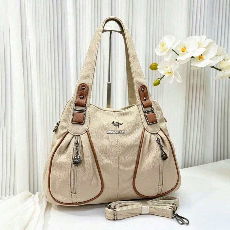 Women's Soft Leather Handbag That Can Be Used As A Shoulder Bag Or Crossbody Bag. Its Design Is Simple, Casual, Elegant And Versatile, Ideal For Middle-Aged Mothers. 26072 - 淺卡其色 - 查看 1